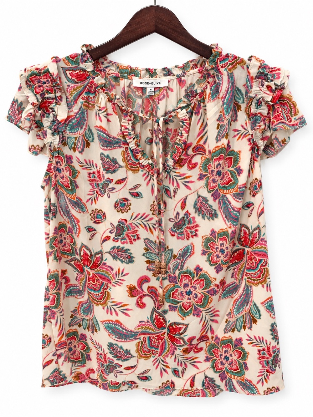 Rose & Olive Cream Floral Ruffle-Sleeve Top with Multicolor Print
